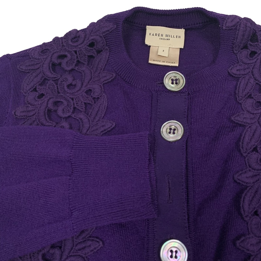 Karen Millen Cropped Cardigan Sweater Women's Sz 2 Purple Wool Blend Lace Trim